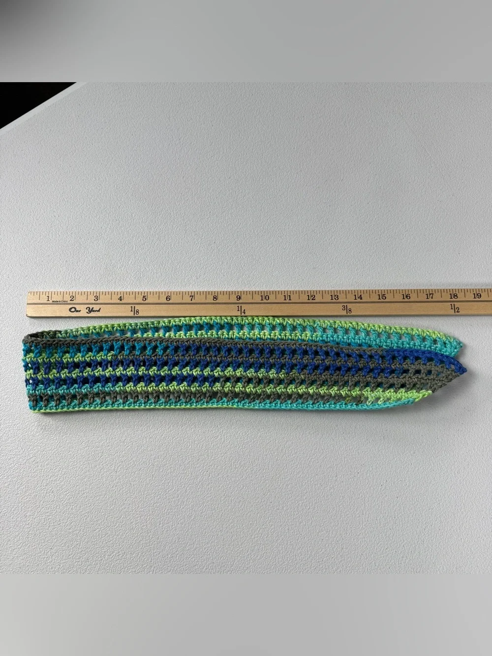 Handmade Crochet Tie Headband in Teal, Blue, Green & Gray